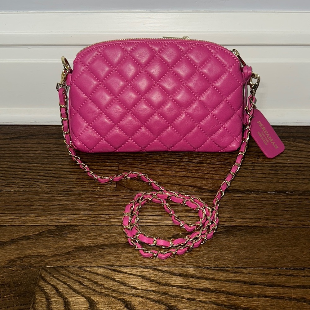 New Pink Persaman NY Genuine Leather 3 Pocket Zip Magnetic Chain Crossbody Bag